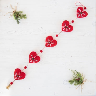 Douée -  Pure Felted Wool Embroidered 'Heart' Garland - Red