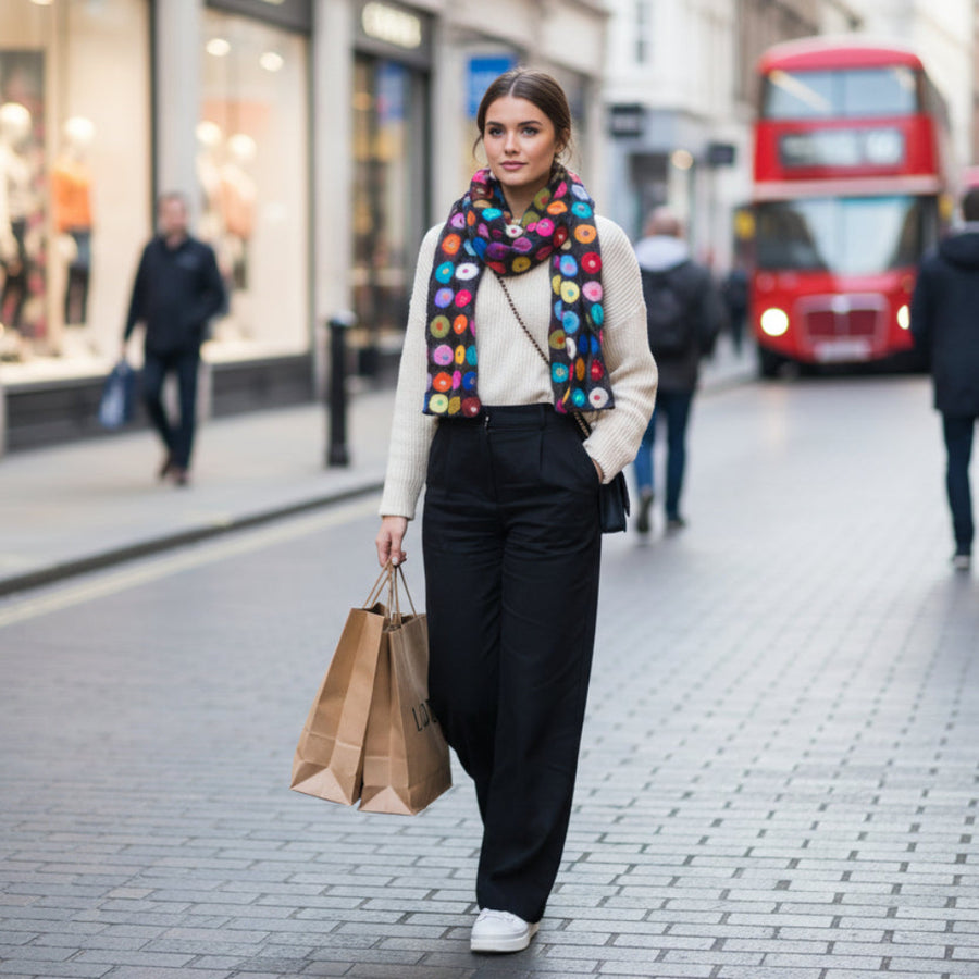 Merino Wool & Chiffon Scarf - Multicolour Circles
