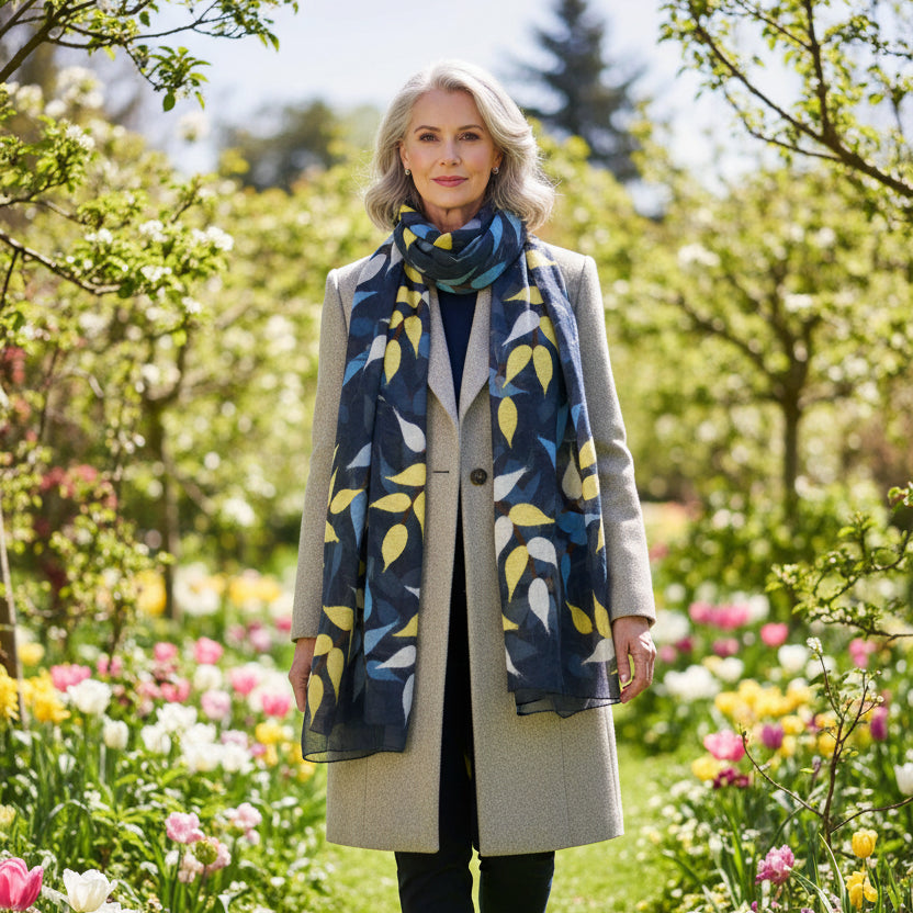 Merino Wool & Chiffon Scarf - Leaves