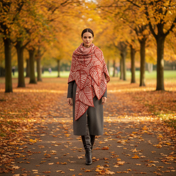Merino Wool Shawl - Burnt Orange 'Leaf'