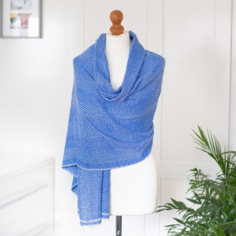 Cashmere Scarf / Pashmina - Marine Blue Herringbone design on a mannequin against a white background 