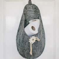 Handcrafted Felted Wool Storage Bag - Grey with Cream Appliquéd Floral Decoration