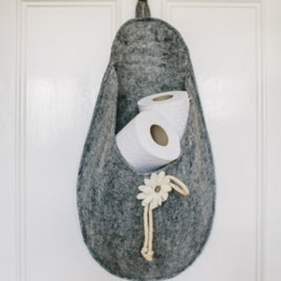 Handcrafted Felted Wool Storage Bag - Grey with Cream Appliquéd Floral Decoration