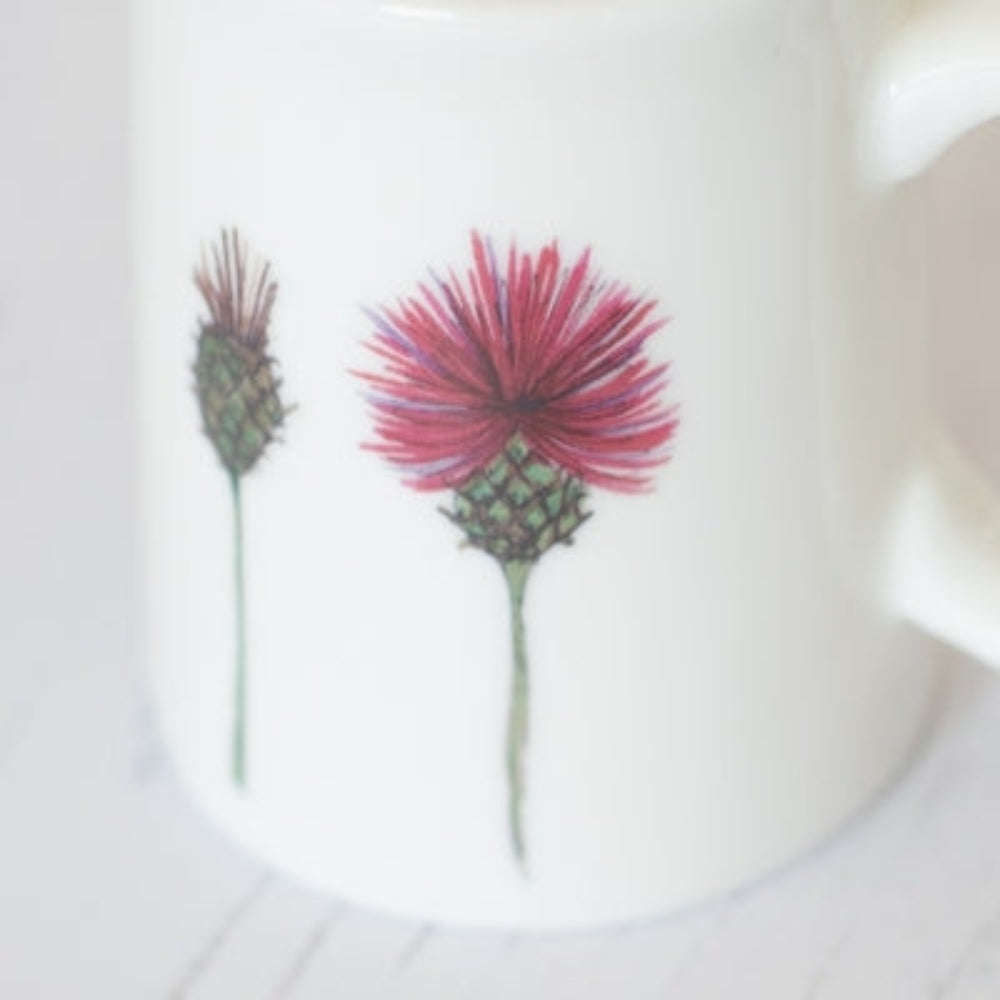 Douée -  Bone China Jug - Thistles shown on a white table with sandwiches and biscuits and fresh flowers against a white background. 