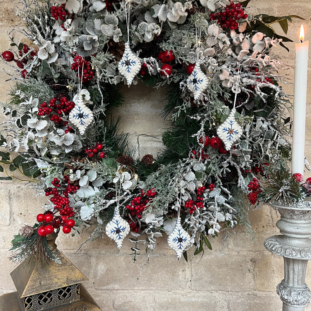 Bring Nordic charm to your festive display with this exquisite handcrafted wool bauble.

Meticulously felted and embellished with delicate hand embroidery, each piece features a distinctive decorative button detail that captures authentic Scandi aesthetics. Perfect for creating a cohesive, curated look on your Christmas tree, this small ornament celebrates traditional artisan craftsmanship while adding warmth and character to your seasonal décor.