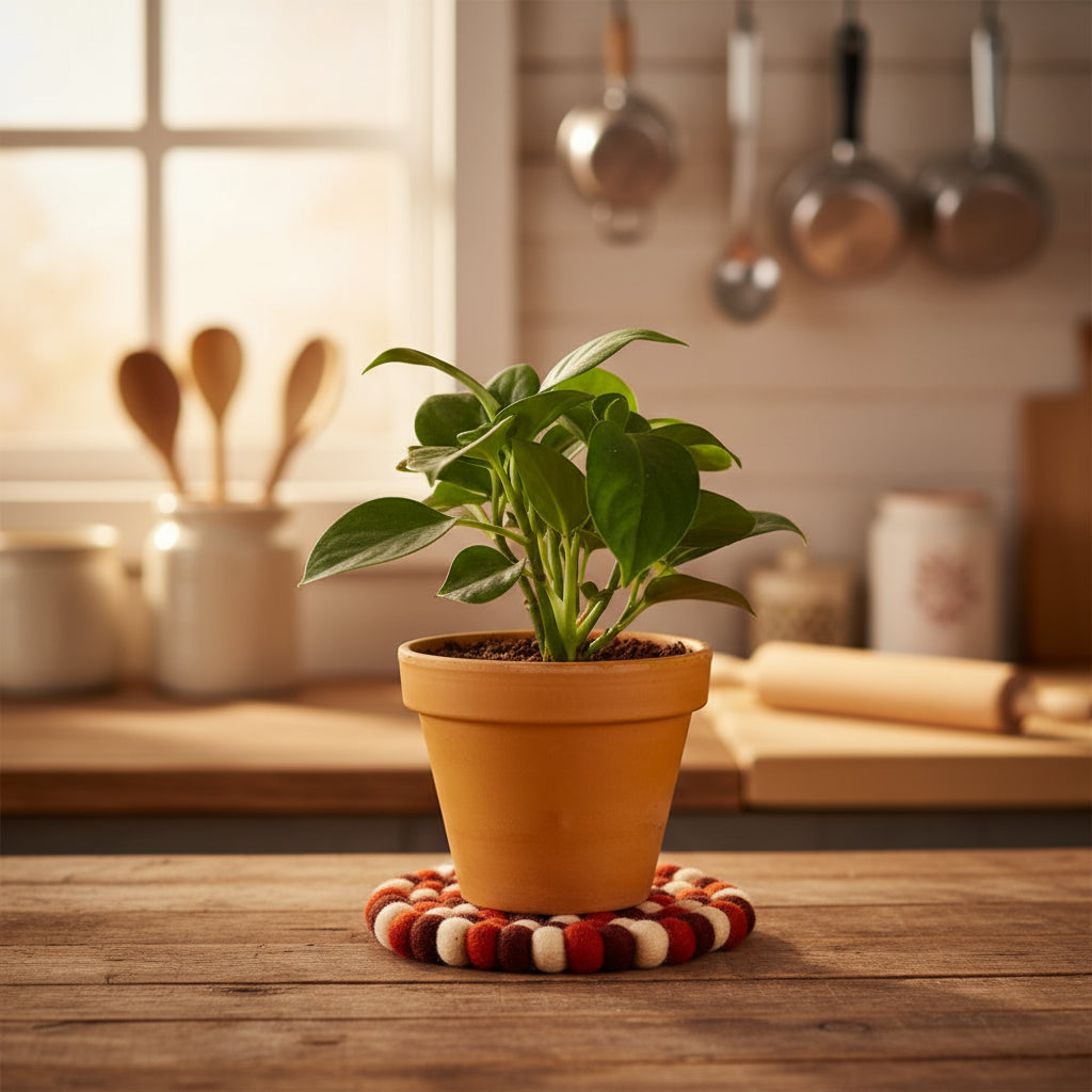 This handcrafted felted wool trivet combines vibrant multicoloured design with durable, sustainable materials.

Its hardwearing construction offers reliable protection for your surfaces while adding an elegant bright touch of colour to your home.

Shown on a white table with a green leafed plant. 