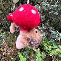 Handcrafted Felted Wool 'Woodland Toadstool' with Hedgehog