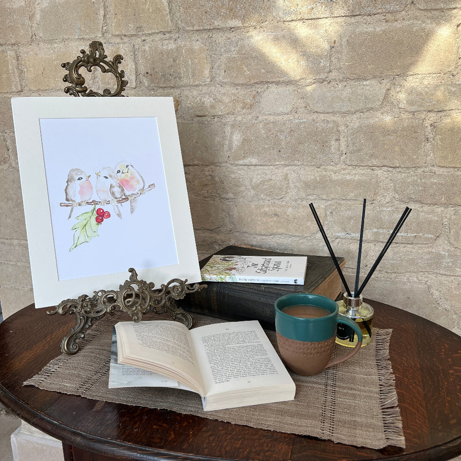 Limited Edition Mounted Print 'Festive Winter Robins' - by Linda Beazley