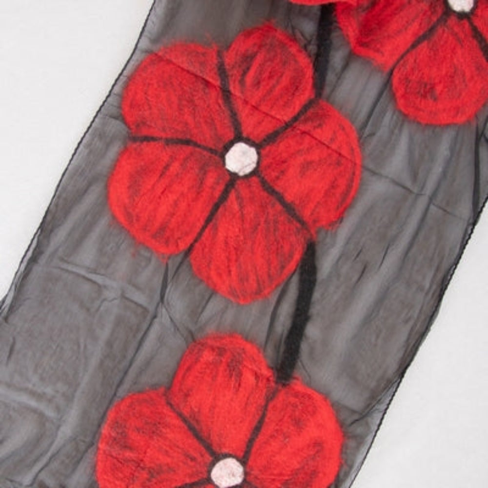  Merino Wool Scarf. Black chiffon background with a Red Flower