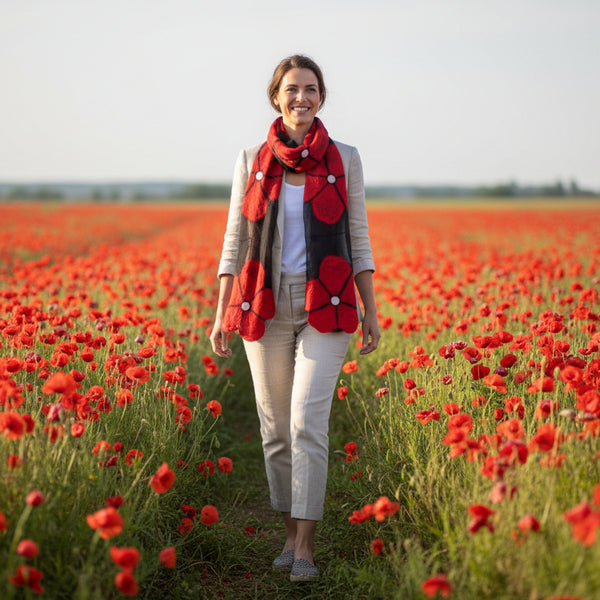 Merino Wool & Chiffon Scarf - Red Poppy Flower