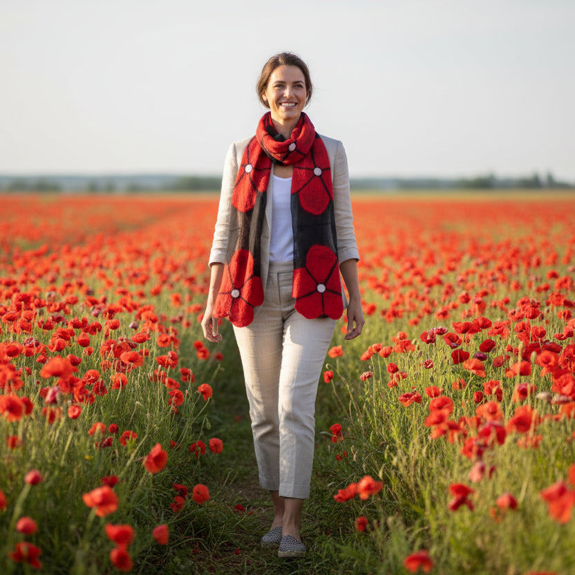 Merino Wool & Chiffon Scarf - Red Poppy Flower