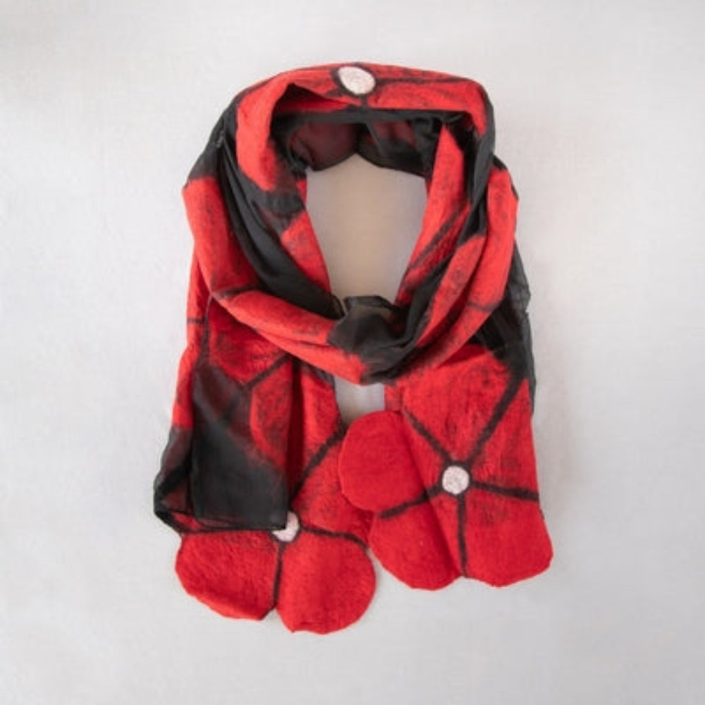  Merino Wool Scarf. Black chiffon background with a Red Flower